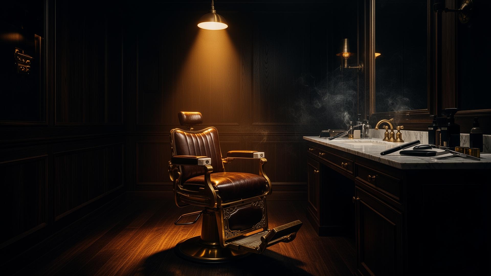 Luxury barbershop interior with vintage chair under warm light